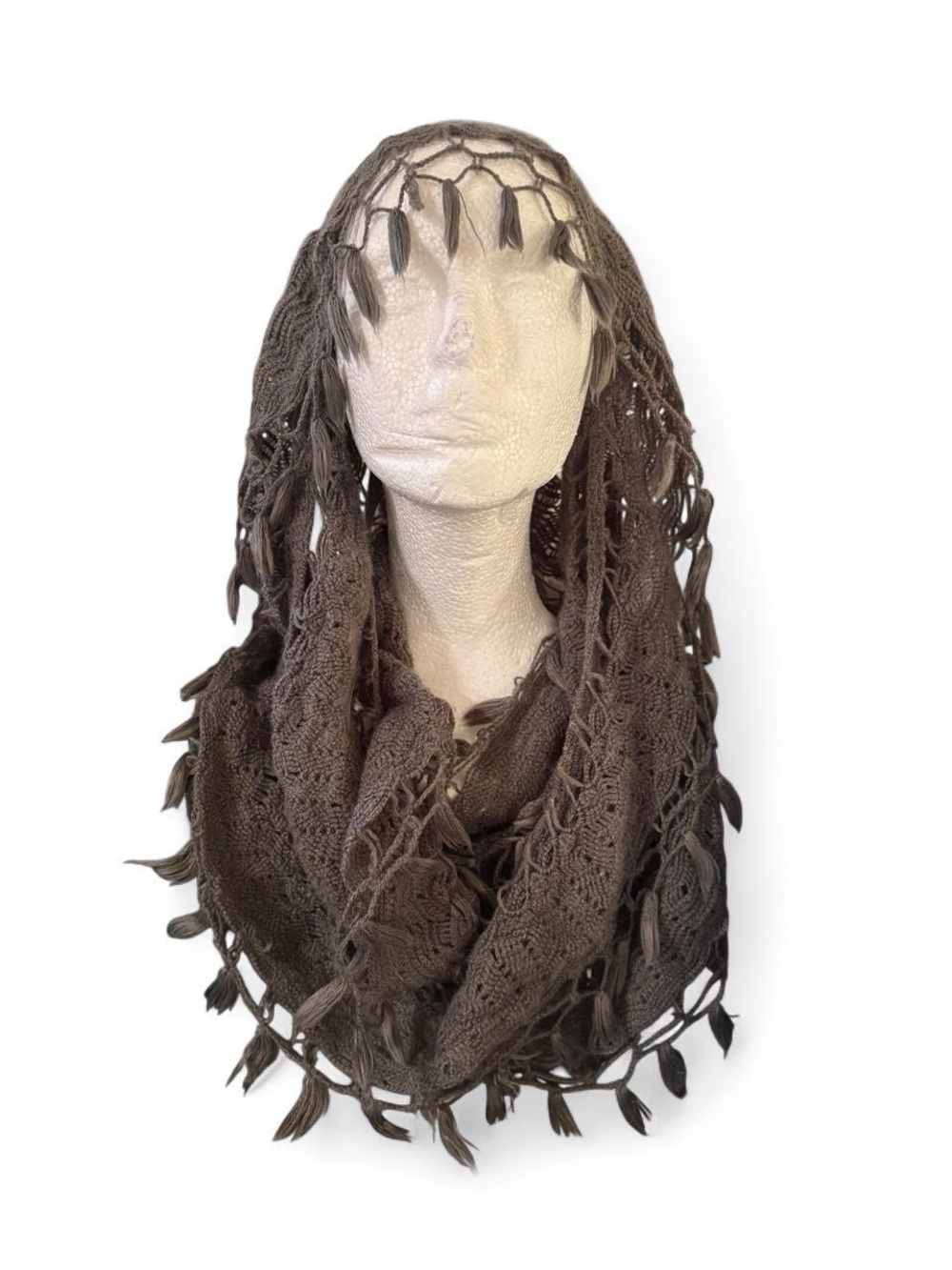 Women's Crochet Loop Scarf with Tassel Trim - Gray